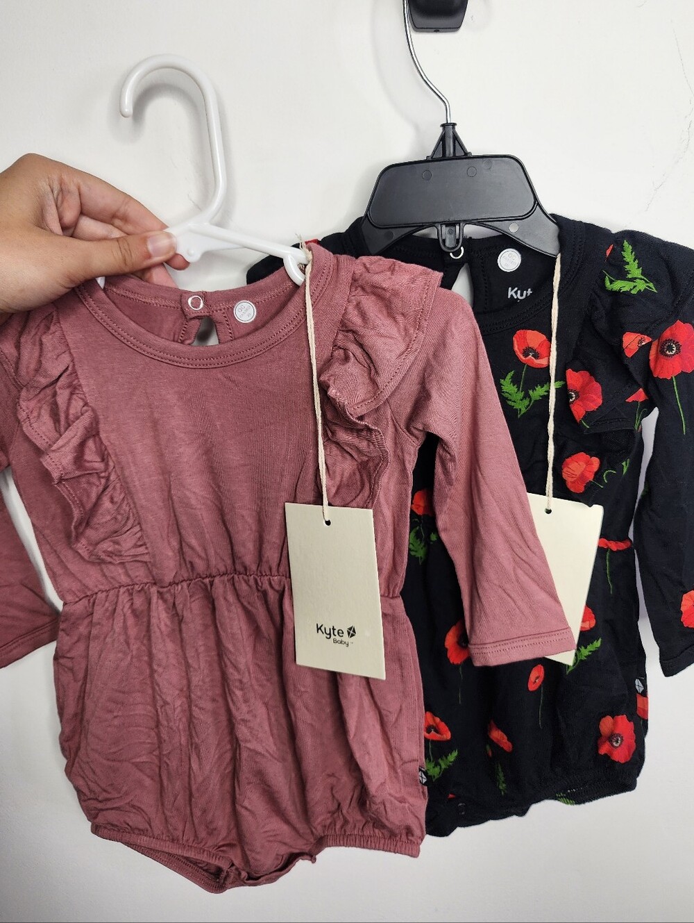 *TWO* Kyte BABY Dusty Rose and Midnight Poppy Ruffle Long Sleeve Romper
